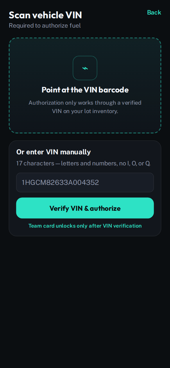 Driver app VIN scan screen — required to authorize fuel